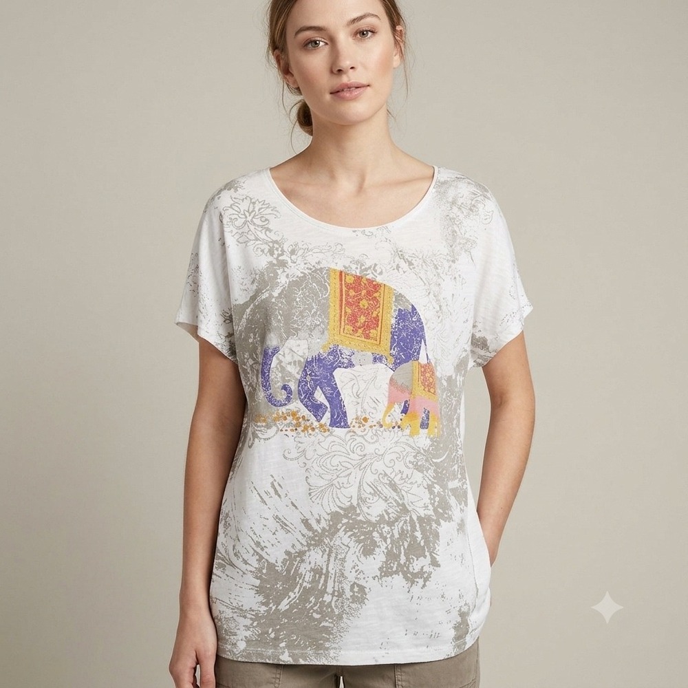 New Directions Elephant Graphic Tee‎ Womens L White Boho Metallic Slub Cotton